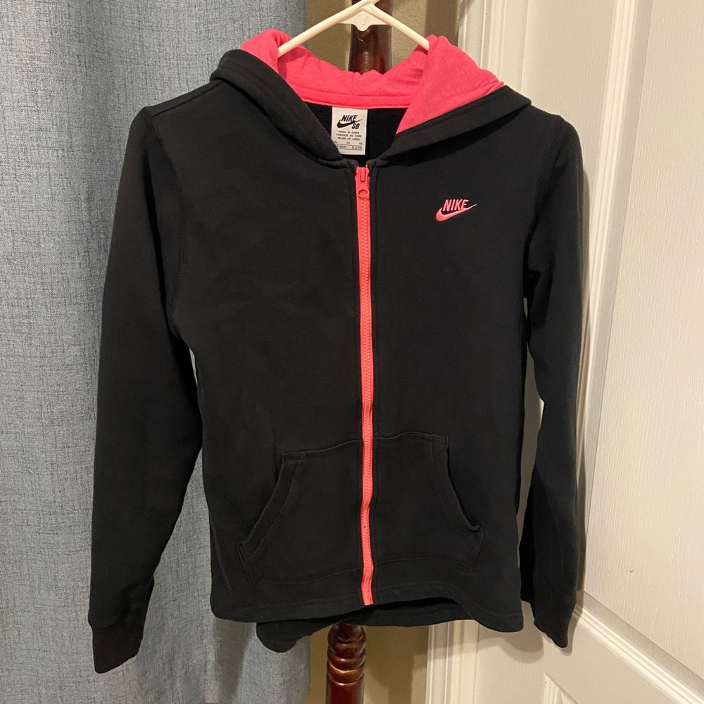 Nike Girls Black & Pink Zip Up Hooded Jacket Pockets Logo Size XL *Zipper Issue*